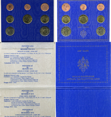 Ватикан евронабор из 8 монет 2007 Бенедикт XVI, в оригинальном буклете биметалл KM MS 114 UNC 1-4-4-03
