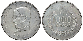 Финляндия 1000 марок 1960 S-J, 100 лет марочной системе Снеллмана (1860-1960) KM 43 серебро    1531-322