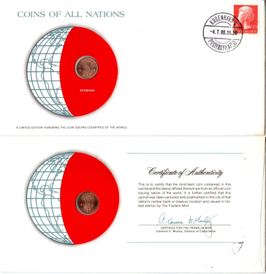 Дания 5 эре 1979 конверт с маркой первого дня гашения, Coins of Nations KM 859 железо плакированное медью UNC 4295-6-2