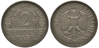 ФРГ 2 марки  1951 D J 386, KM 111 медно-никель плакированный никелем 3711-543