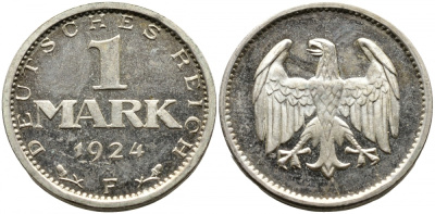 Германия 1 марка 1924 F KM 42, J. 311, Weege 14 серебро PROOF 00-817-57