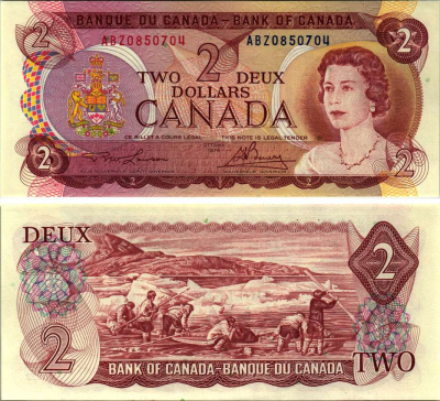 КАНАДА 2 ДОЛЛАРА 1974 ЕЛИЗАВЕТА II, ОХОТА ЭСКИМОСОВ, ЛОДКА, ПОДПИСЬ LAWSON-BOUEY Pick 86a бумага UNC (ПРЕСС) 7485-46-2