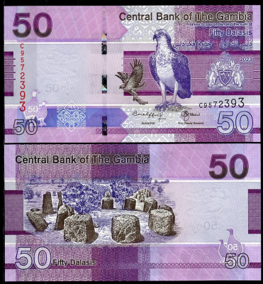 Гамбия 5, 10, 20, 50, 100 и 200 даласи 2023 серия птиц Pick 37, 38, 39, 40, 41, 42  бумага  UNC (пресс) 448-14-1-2