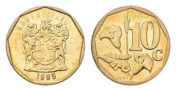 ЮАР 10 центов 1999 герб, цветок алоэ KM 161 сталь плакированная бронзой UNC 4694-751