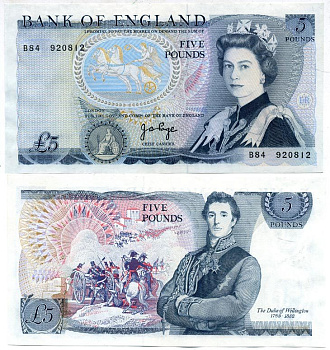 Англия 5 фунтов 1971-1991 signature: J. B. Page, без буквы Pick 378 а бумага UNC (пресс) 00-00