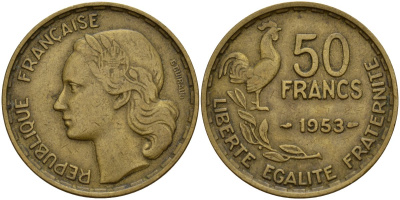 Франция 50 франков 1953 B, Петух KM 918.1, Le Franc 425.5 алюминиевая бронза 4157-225
