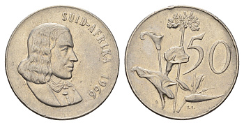 ЮАР 50 центов 1966 Ян ван Рибек (1619-1677), Suid Africa, легенда на африкаанс, Зантедеския Эллиота (калла) KM 70.2 никель 4604-955