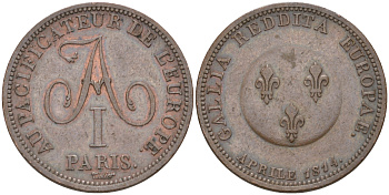 Россия жетон 1814 царю миротворцу Европы, Александр I возвращает Францию Европе, гурт гладкий, диаметр 27 мм., медальер Пьер Жозеф Тиолье, редкий Дьяков 379.4 R2, Биткин 16 R, CPM # 310 бронза 00-801-59