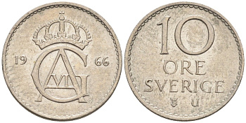 Швеция 10 эре 1966 Густав VI Адольф (1950-1973) KM 835 медно-никель 4585-366