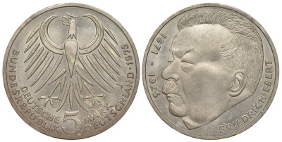 ФРГ 5 марок 1975 J, 50 лет со дня смерти Фридриха Эберта J. 416, KM 141 серебро UNC 413-6634