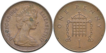 Великобритания 1 пенни 1984 Елизавета II (1952-2022) KM 915, Spink 4237 (B1) бронза 4115-716