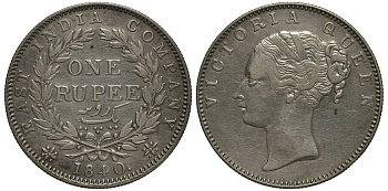 Британская Индия 1 рупия 1840 Виктория (1837-1901), Британская Ост-Индская компания, 19 ягод в венке KM 457.1 серебро 633-1122