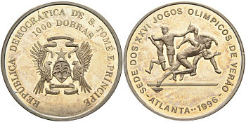 Сан-Томе и Принсипи 1000 добра 1996 XXVI Олимпийские игры 1996 года в Атланте, лёгкая атлетика KM 61 медно-никель PROOF 00-00
