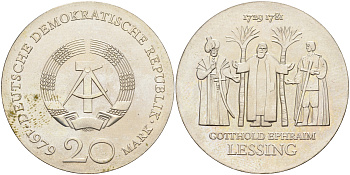 ГДР 20 марок 1979 А, 250 лет со дня рождения Готвальда Лессинга KM 74 серебро UNC 02-230-42