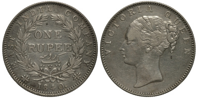 Британская Индия 1 рупия 1840 Виктория (1837-1901), Британская Ост-Индская компания, 19 ягод в венке KM 457.1 серебро 633-1122