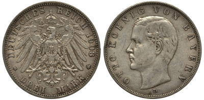 Бавария 3 марки 1908 Отто (1886-1913) Weege 45, J. 47, KM 515 серебро 3711-1843