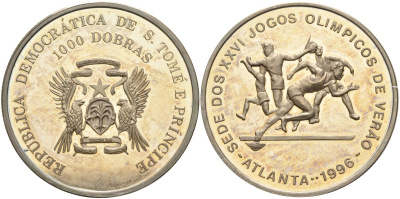 Сан-Томе и Принсипи 1000 добра 1996 XXVI Олимпийские игры 1996 года в Атланте, лёгкая атлетика KM 61 медно-никель PROOF 00-00