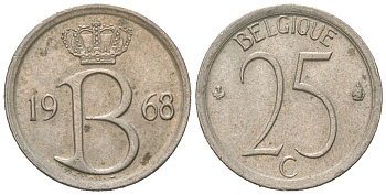 Бельгия 25 сантимов 1968 Belgique, Бодуэн I (1951-1993) KM 153.1 медно-никель 4618-122