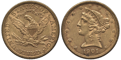 США 5 долларов 1901 голова Свободы KM 101 золото 10-020-58