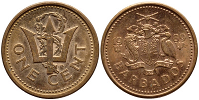 Барбадос 1 цент 1989 сломанный трезубец Британии KM 10 бронза 4396-1266