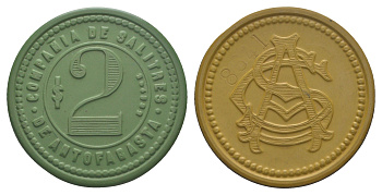 Чили, Антофагаста (Antofagasta) шахтерский жетон с Селитряного рудника для покупки в местных магазинах, номиналом в 2 песо около 1904 диаметр 34,5 мм, вес 5,43 гр Espinosa 22.10 эбонит (зеленый) 1094-11-41