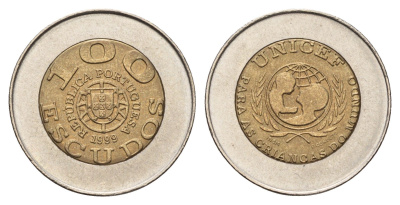 Португалия 100 эскудо 1999 ЮНИСЕФ, PORTUGUESA KM 722.1 биметалл UNC 4678-835