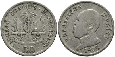 Гаити 50 сантимов 1908 Президент Пьер Нор Алексис KM 56 медно-никель 114-142