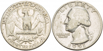 США 25 ЦЕНТОВ = КВОТЕР 1951 D ВАШИНГТОН KM 164 серебро 4546-1243