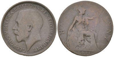 Великобритания 1/2 пенни 1911 Георг V (1910-1936) KM 809, Spink 4056 бронза 4616-724