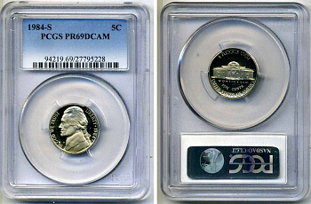США 5 центов 1984 S, президент Джеферсон, в слабе PCGS PR69CAM KM А192 медно-никель PROOF 15-003-06