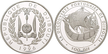 Джибути 100 франков 1996 открытие Джибути португальцами, парусник "NAO" KM 33 серебро PROOF 1081-7-22