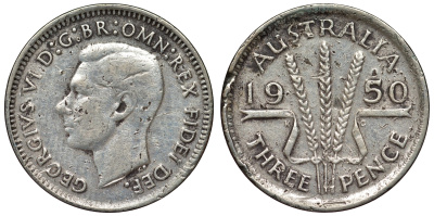 Австралия 3 пенса 1950 m, Георг VI (1937-1952), без букв KM 44 серебро 71-252