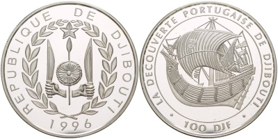 Джибути 100 франков 1996 открытие Джибути португальцами, парусник "NAO" KM 33 серебро PROOF 1081-7-22