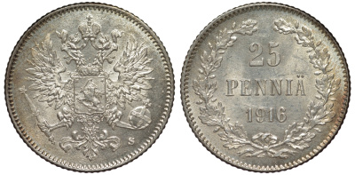 Россия для Финляндии 25 пенни 1916 S, Николай II (1894-1917) KM 6.2, Биткин 421 серебро 75-1235