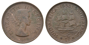 ЮАР 1 пенни 1953 Елизавета II (1952-2022), парусник KM 46 бронза 4123-934