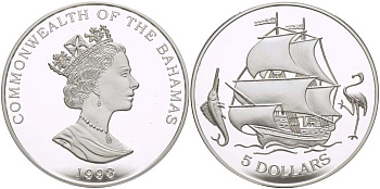 Багамские острова 5 долларов 1993 парусник, фламинго, марлин KM 170 серебро PROOF 1074-3-23
