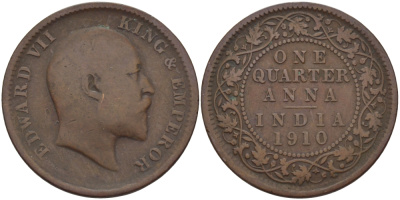 Британская Индия 1/4 анна 1910 Эдуард VII (1901-1910) KM 502 бронза 28-525