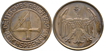 Германия 4 рейхспфеннига 1932 A KM 75, J. 315 медь PROOF 00-817-59