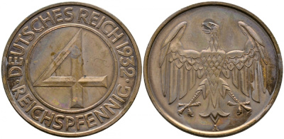 Германия 4 рейхспфеннига 1932 A KM 75, J. 315 медь PROOF 00-817-59