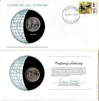 Малайзия 50 сенов 1977 конверт с маркой первого дня гашения, Coins of Nations KM 5 медно никель UNC 4294-33-2