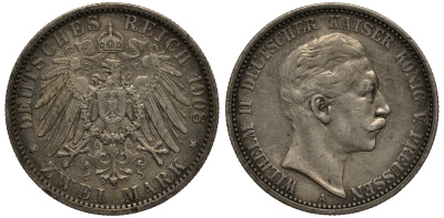Пруссия 2 марки 1908 A, Вильгельм II (1888-1918) J.102, Weege 101, KM 522 серебро 3711-815
