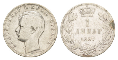 Сербия 1 динар 1897 Александр I (1889-1903) KM 21 серебро 4606-126