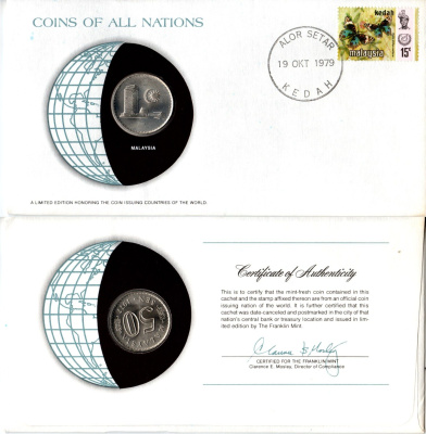 Малайзия 50 сенов 1977 конверт с маркой первого дня гашения, Coins of Nations KM 5 медно никель UNC 4294-33-2