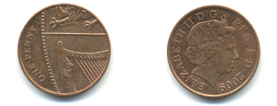 Великобритания 1 пенни 2009 Елизавета II (1952-2022) KM 1107, Spink B6 сталь плакированная медью 177-1152