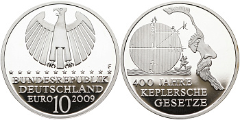 ФРГ 10 евро 2009 F, 400 лет законам Кеплера KM 280, DE.S. 10.40 серебро PROOF 1096-4-41