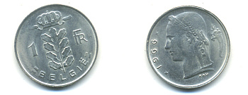 БЕЛЬГИЯ 1 ФРАНК 1966 BELGIE KM 143.1 медно-никель UNC 83-347