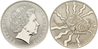 Австралия 1 доллар 2002 кенгуру, искусство аборигенов, в коробке KM 642 серебро UNC 4-3-4-46