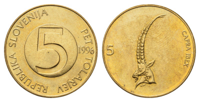 Словения 5 толаров 1996 ибекс, альпийский горный козёл KM 6 латунь UNC 4698-945