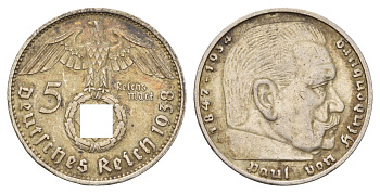 Германия 5 рейхсмарок 1938 A, Пауль фон Гинденбург (1847-1934) KM 94 серебро 4680-244