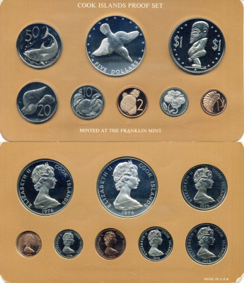 Острова Кука набор из 8 монет (1, 2, 5, 10, 20 и 50 центов; 1 и 5 долларов) 1976 Птицы - Мангаианский зимородок, в оригинальной упаковке, с сертификатом подлинности KM 1, 2, 3, 4, 5, 6, 7 и 15 PROOF 4-3-1-16